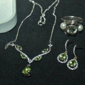 $699 Sterling 925 3 Piece New Necklace Earrings w Diamonds Ring w Real Pearls